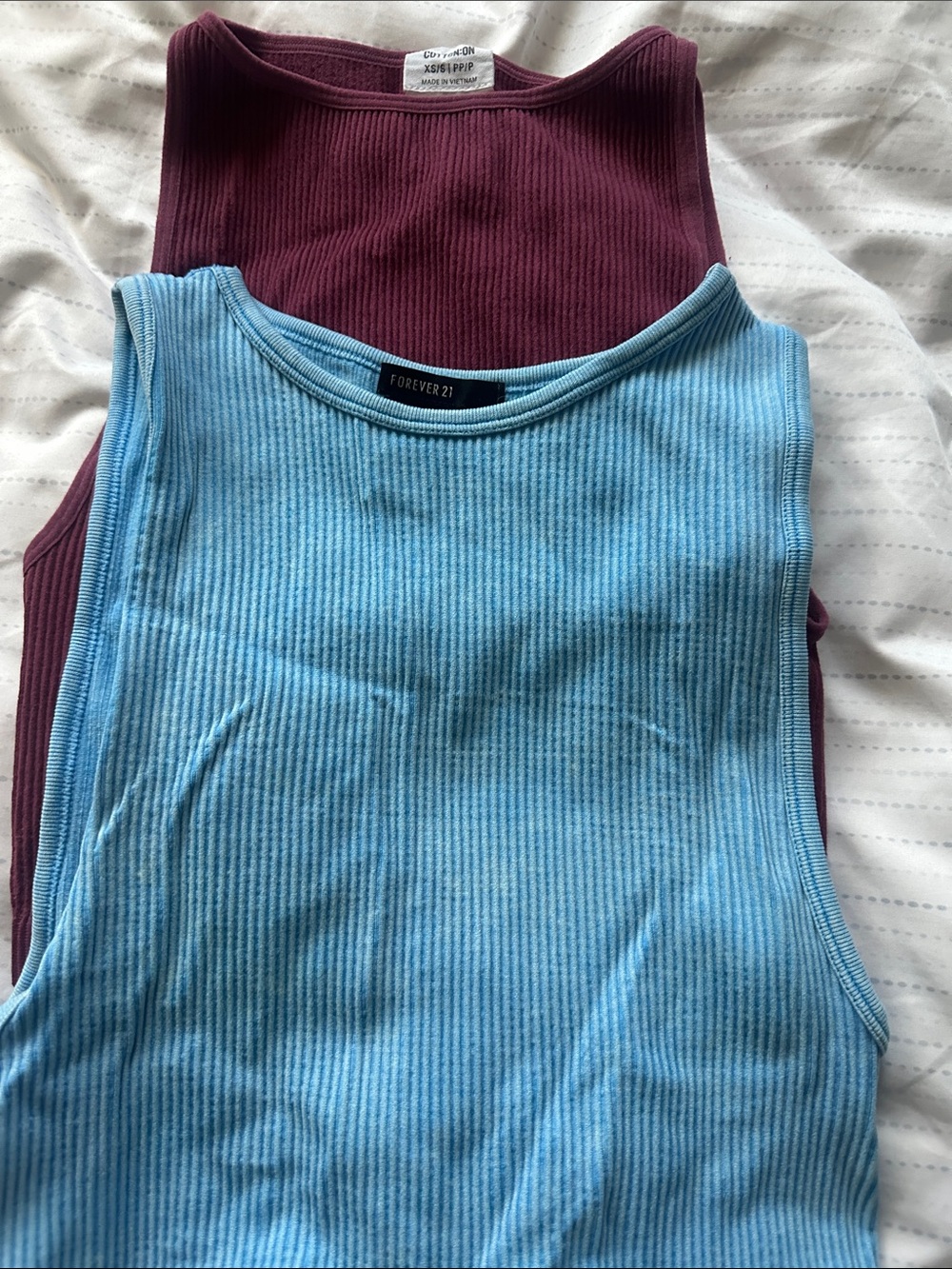 Cotton On & Forever 21 Ribbed Tank Tops in Light Blue and Burgundy